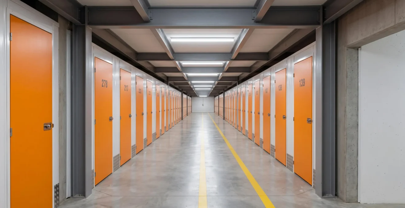 Large couloir central d'un centre de self-stockage moderne à Lyon avec succession de portes de boxes individuels orange numérotées de chaque côté, sol en béton ciré avec marquage au sol jaune, éclairage LED uniforme