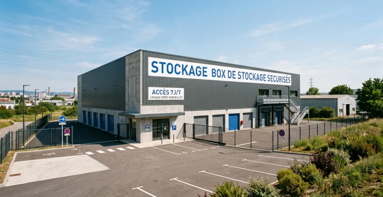Façade extérieure d'un bâtiment de self-stockage moderne en périphérie de Lyon avec bardage métallique, grande enseigne 'Stockage' visible, parking client au premier plan, lumière naturelle de jour