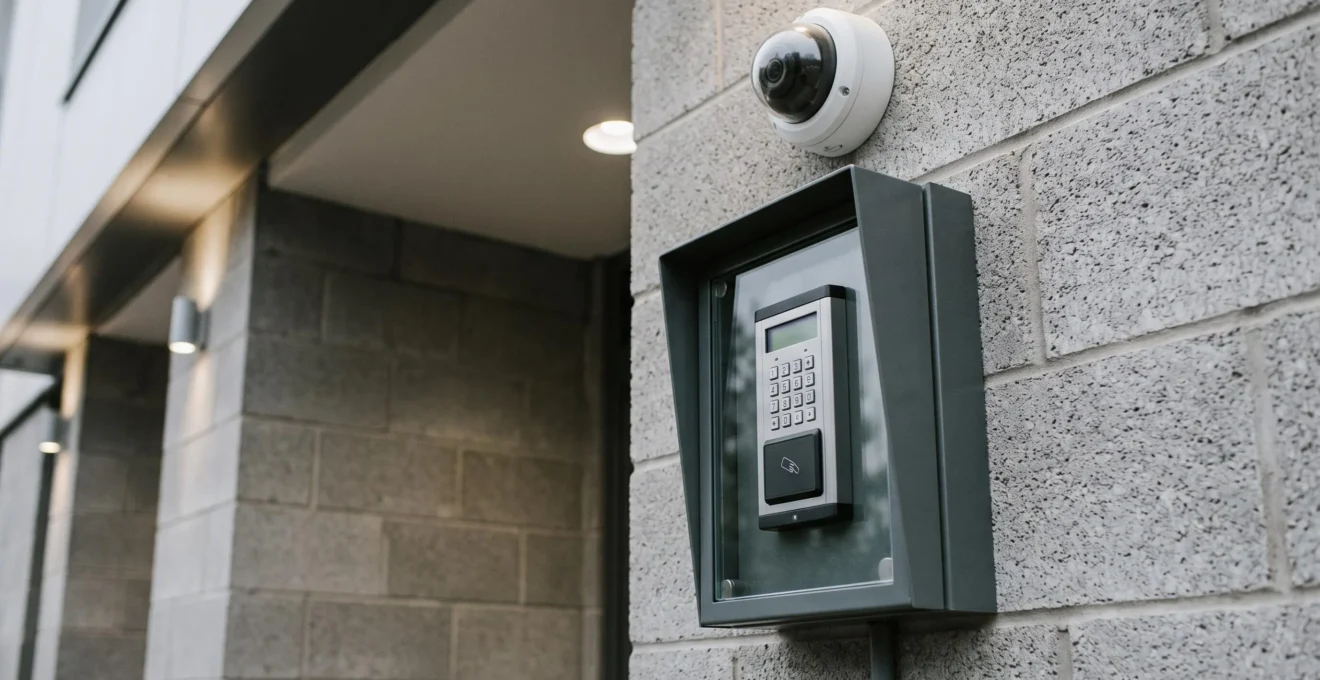 Gros plan sur un système de contrôle d'accès sécurisé avec caméra de vidéosurveillance moderne fixée au-dessus d'un digicode à clavier numérique et écran LED, installé sur le mur d'entrée d'un centre de stockage